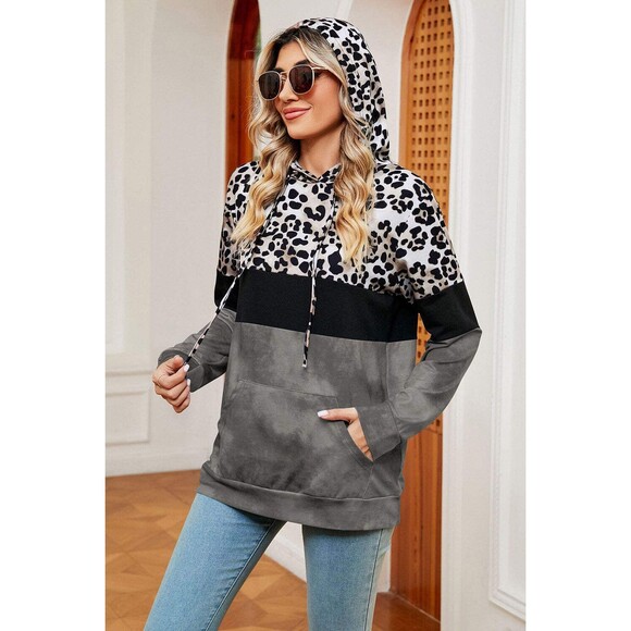 Women's Charcoal Leopard Drawstring Hoodie with Pocket size Large - Picture 5 of 5